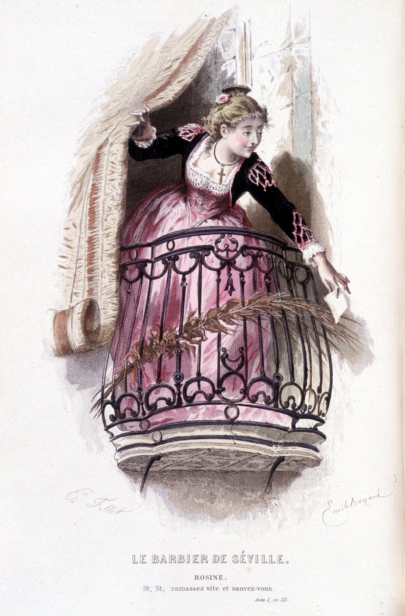 Komplett verk av Beaumarchais (1732-1799) av Edouard Fournier. tegning av Emile Bayard. Ed. Laplace, Sanchez et Cie, Paris 1876. Dette er Rosine i «Barberen i Sevilla» av Emile Antoine Bayard
