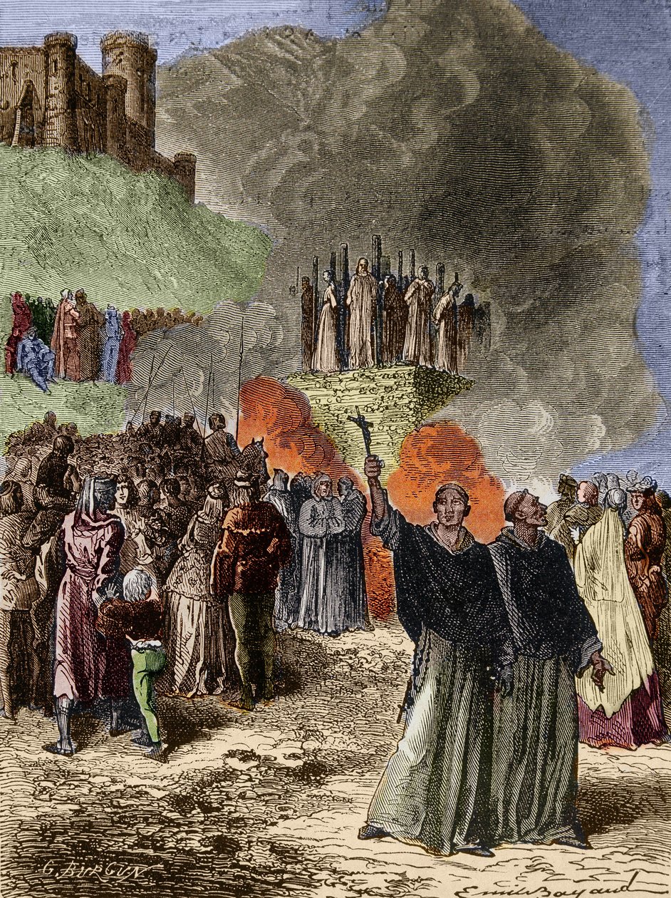 Crusade against the Albigeois - The last defenseurs of Montsegur (Cathare) burned on the butcher in 1244 - Engraving by Emile Bayard after G. Burgun av Emile Antoine Bayard