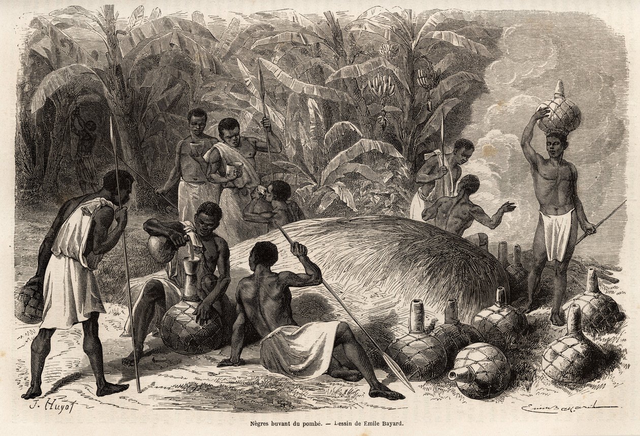 Degustering av pomben (alkoholholdig drikk ved gjæring), i Karague (vest for Victoriasjøen, i dagens Zimbabwe), tegning av Emile Bayard (1837-1891), som illustrerer kaptein Spekes oppdagelsesreise i Afrika fra 1860 til 1863. Gravering i av Emile Antoine Bayard