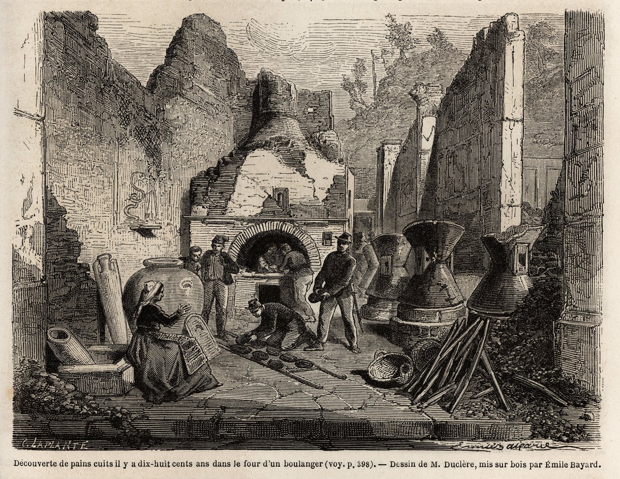Oppdaget av en bakerovn og bevart brød i aske under utgravningene i 1864 i Pompei, tegning av Emile Bayard (1837-1891), for å illustrere Marc Monniers tekst (1829-1885) "" Pompei og Pompeierne"". Gravering i "" Le tour du monde"", redigert av av Emile Antoine Bayard