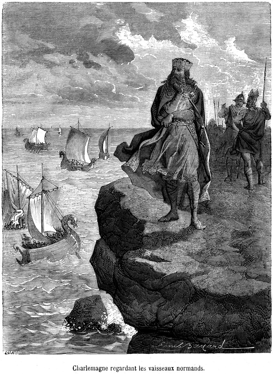 Keiser Karl den Store ser ankomsten av normanniske skip på den franske kysten - vikingskip og krigere - drakkar, skandinavisk navigasjon, nordisk invasjon - gravering av Emile Bayard som illustrerer "Det populære Frankrikes historie av Henri Martin av Emile Antoine Bayard