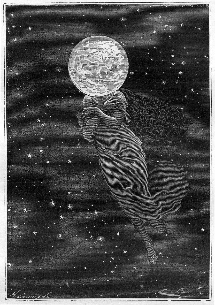 Gravering (av Emile Bayard) av Jules Vernes bok “” Around the Moon”” (Hetzel edition/Voyages extraordinaire 1870): beskrivelse av månen tegnet med en ung kvinnes kropp (tekst av J. Verne): “”... utstoppet overflate, sprukket, en ekte skimmer, verdig u av Emile Antoine Bayard