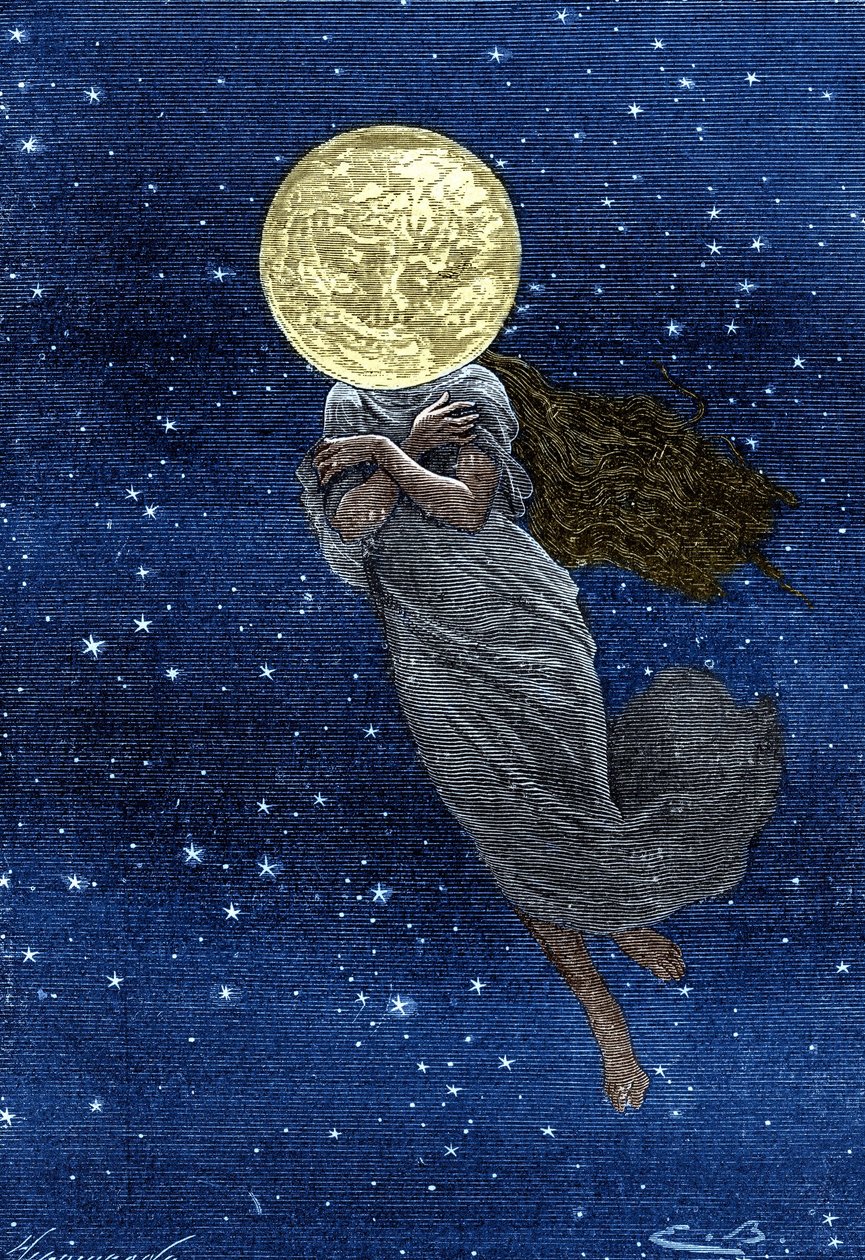 Gravering (av Emile Bayard) av Jules Vernes bok “” Around the Moon”” (Hetzel edition/Voyages extraordinaire 1870): Beskrivelse av månen tegnet med en ung kvinnes kropp (tekst av J. Verne): “”... utstoppet overflate, sprukket, en ekte skimmer, verdig u av Emile Antoine Bayard