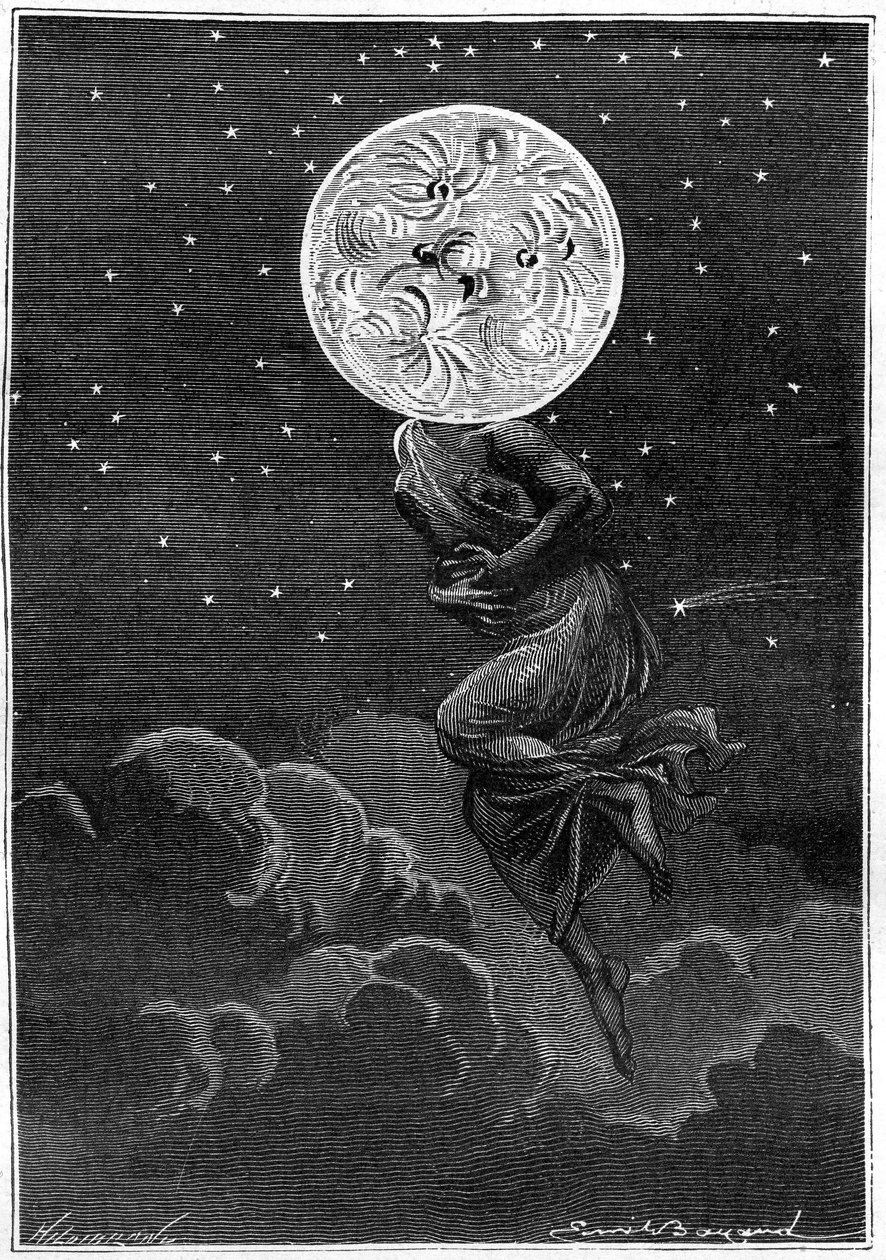 Gravering (av Emile Bayard) av Jules Vernes bok Around the Moon (Hetzel edition/Voyages extraordinaire 1870): "" månen personifisert med en ung kvinnes kropp ... lider av kolikk! «» av Emile Antoine Bayard