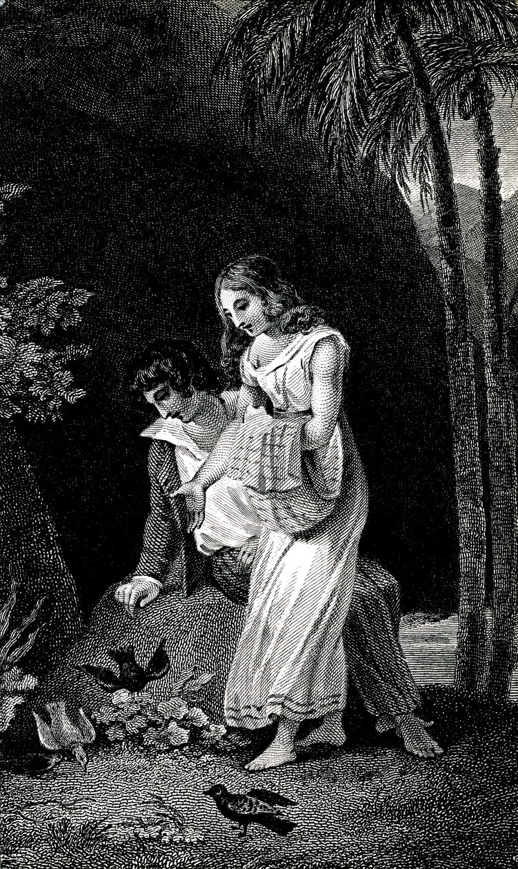Gravering som illustrerer en utgave fra slutten av 1800-tallet av romanen av Jacques-Henri Bernardin de Saint Pierre (Jacques Henri Bernardin de Saint-Pierre): Paul et Virginie. Fugler kommer til land uten frykt nær det unge paret av elskere i skogen. Tegn av Emile Antoine Bayard