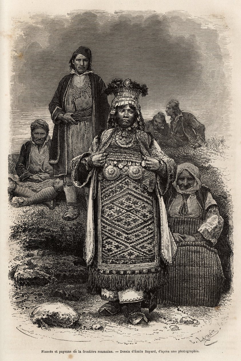 Forlovere og bønder ved de rumenske grensene, gravering etter tegningen av Emile Bayard, illustrerer reisen til Bulgaria, av Guillaume Lejean, i 1867, utgitt i "" Le tour du monde"" 1873, redigert av Edouard Charton, Hachette-utgaven, Paris . Se av Emile Antoine Bayard