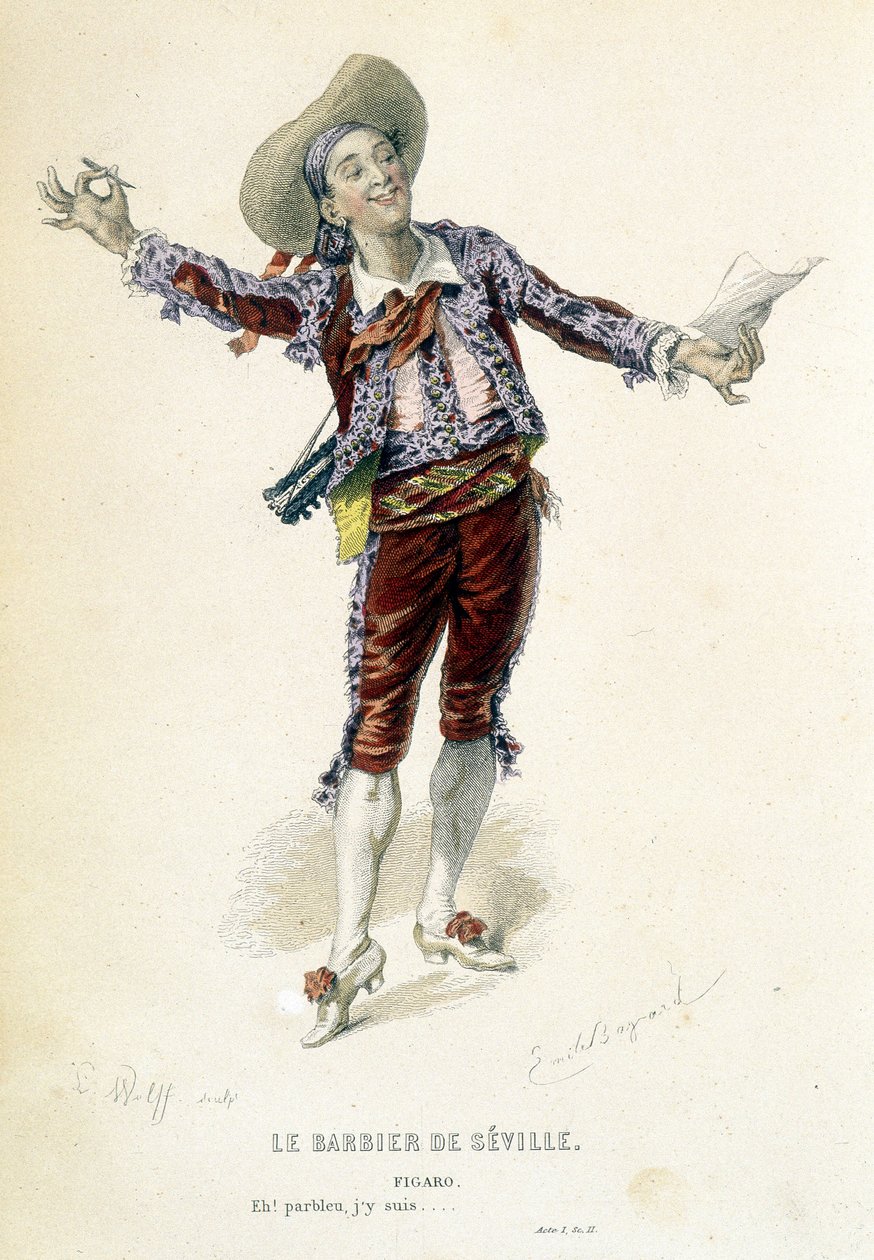 Figaro i "Barberen fra Sevilla" i "Oeuvres completes de Beaumarchais", red. Laplace Sanchez & cie, Paris av Emile Antoine Bayard