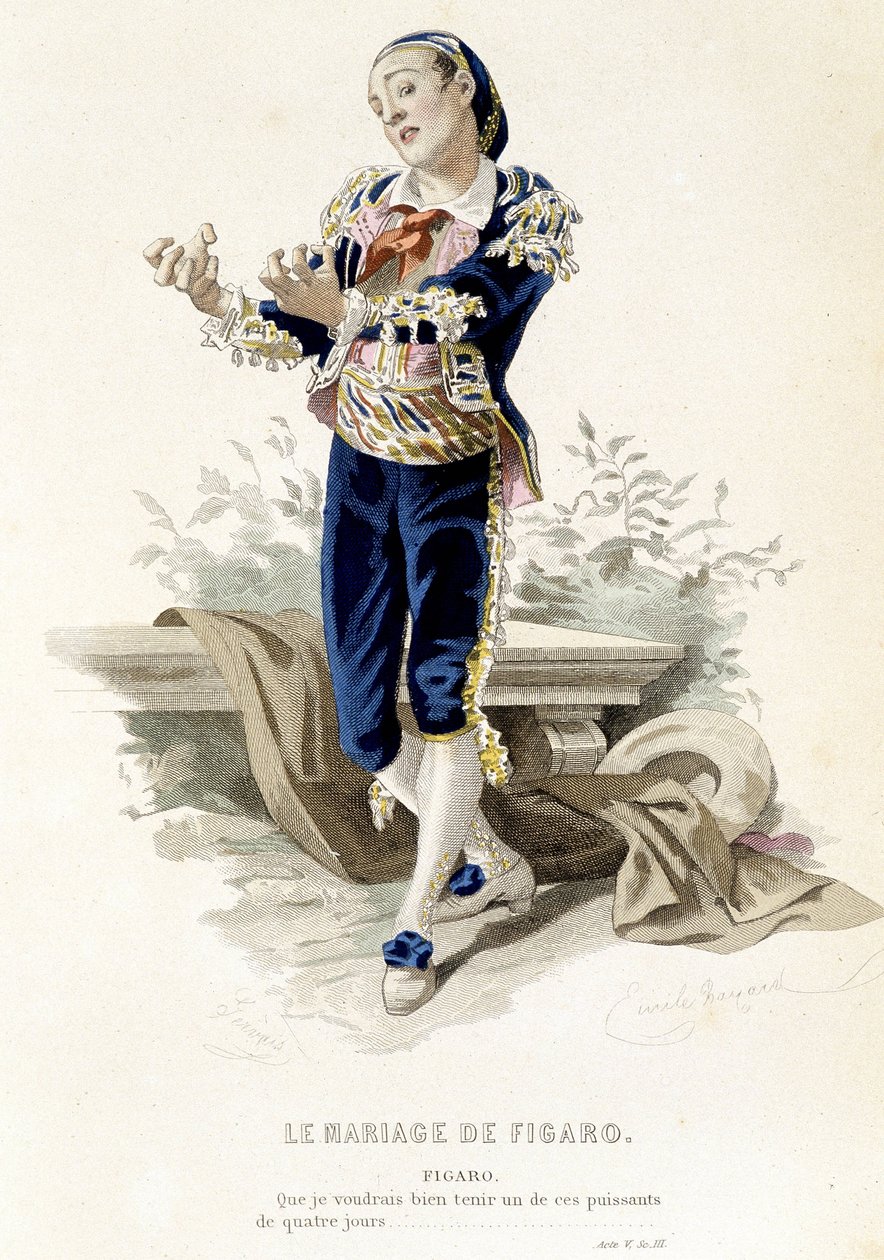 Figaro i "" The Marriage of Figaro"" - i "" Complete Works of Beaumarchais"", tegninger av Emile Bayard, red. Laplace Sanchez & cie, Paris av Emile Antoine Bayard