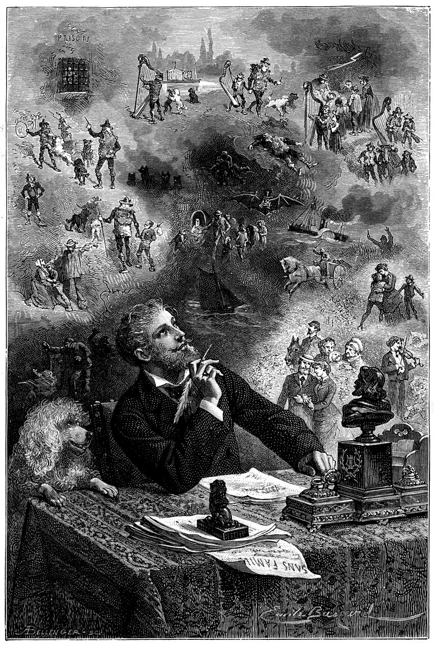 Frontispice av Emile Bayard for Hetzel 1880-utgaven av Hector Malots roman "" Sans Famille "": Forfatteren ved arbeidsbordet hans forestiller seg karakterene hans og innslaget i boken hans - Remi og medlemmene av troppen til Monsieur Vitalis, reisekunstner av Emile Antoine Bayard