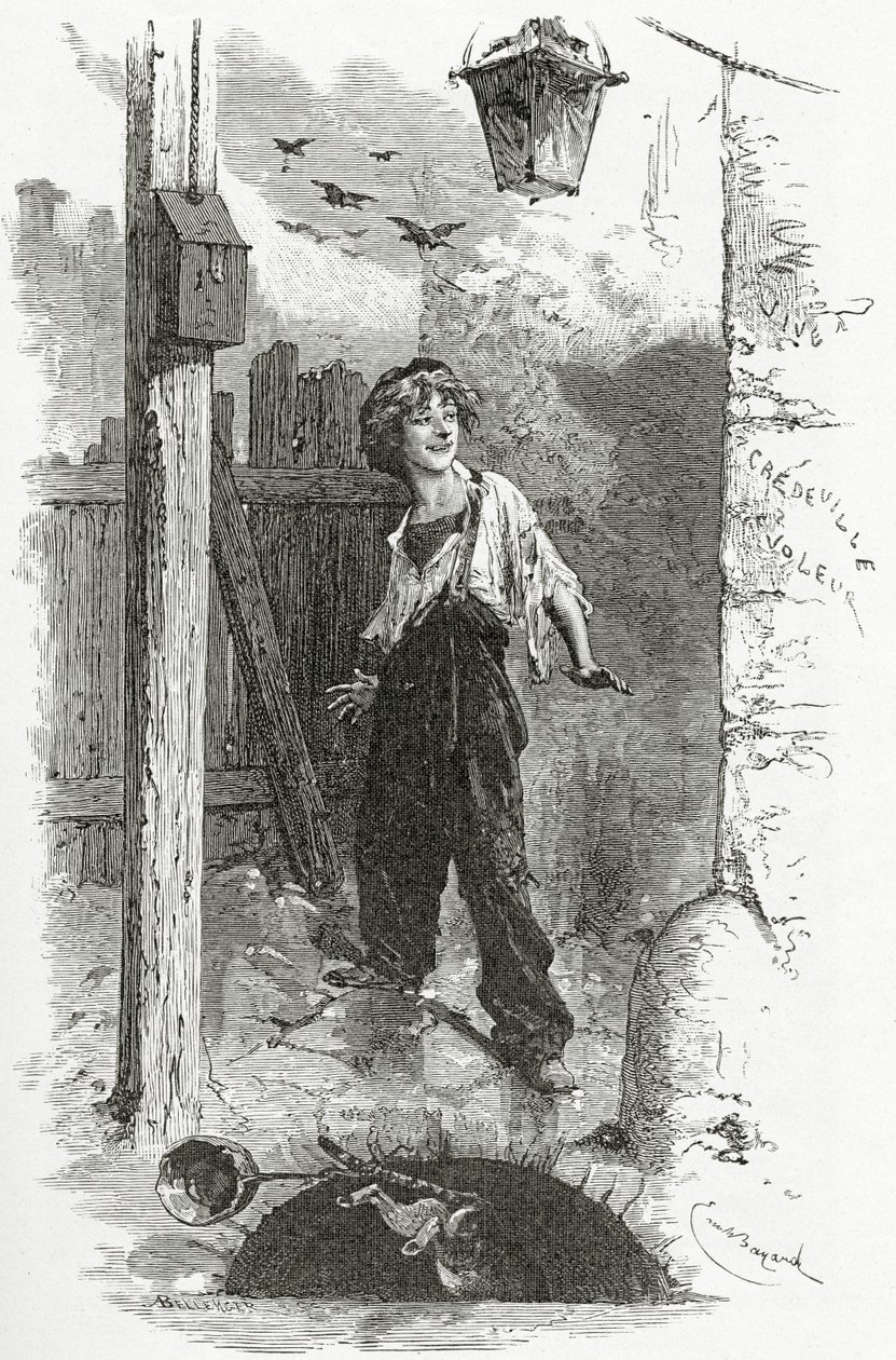 Gavroche, 1800-tallet (bw-gravering) av Emile Antoine Bayard