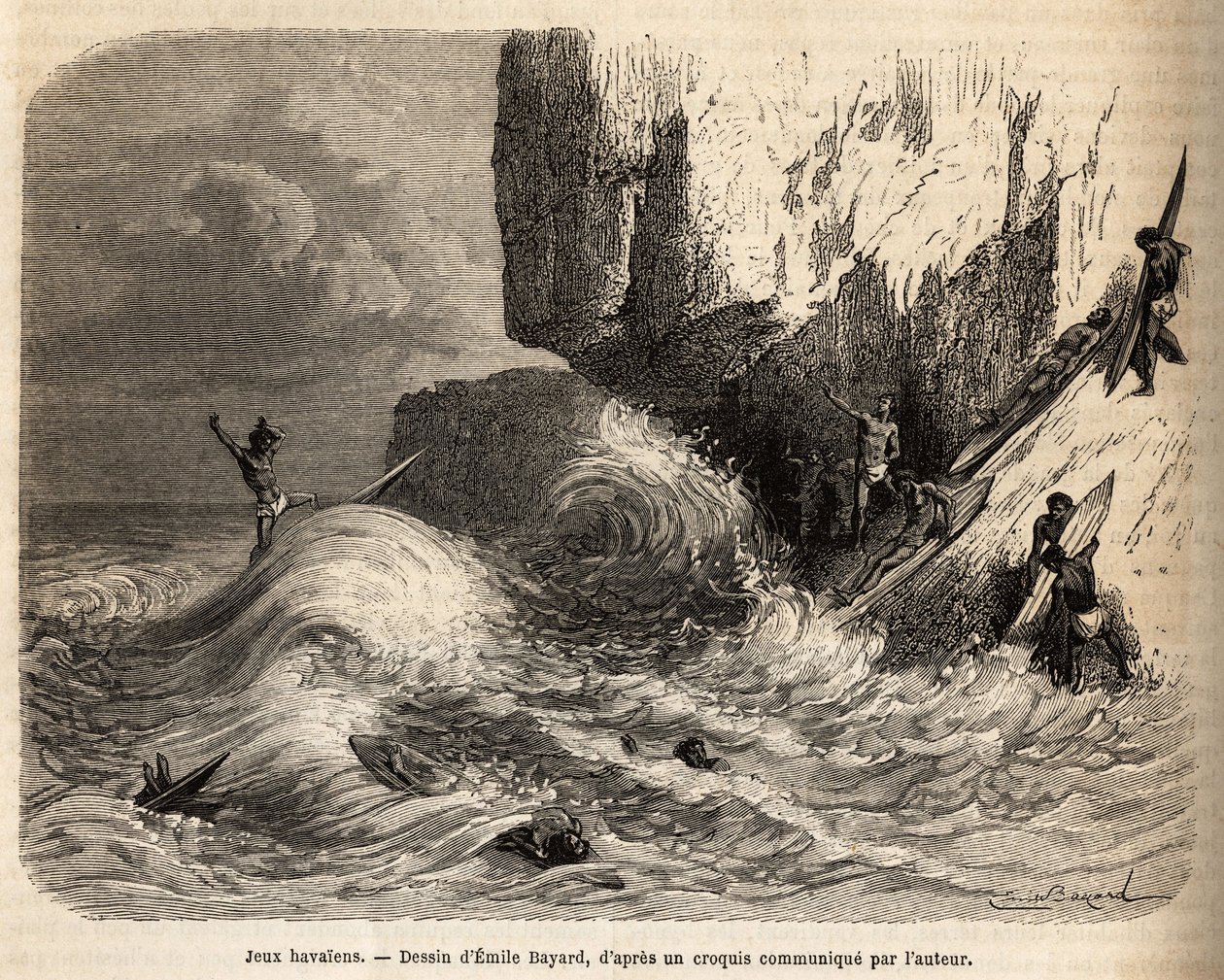Hawaiian Games, ved stupet av Mokapuu, på øya Oahu, distraherte innbyggerne seg ved å øve på favorittspillet sitt: surfing, gravering etter Emile Bayards tegning, illustrerer reisen til Sandwichøyene, i 1855-1869, av av Emile Antoine Bayard