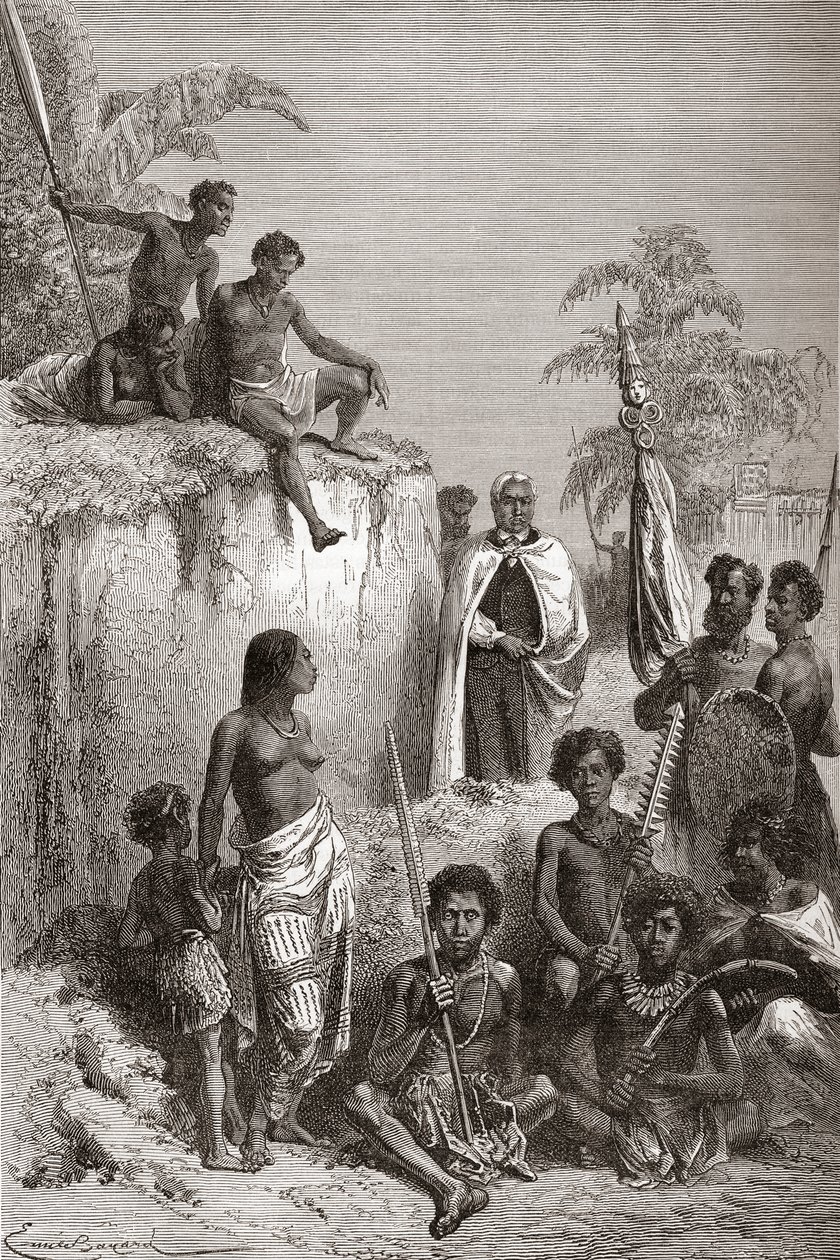 Hawaii-kongen Kamehameha I og hans krigere, illustrasjon fra 
