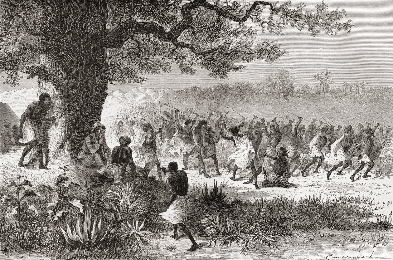 Henry Morton Stanley ser på Vouagogos-stammen forberede seg til kamp under sin ekspedisjon i 1871, illustrasjon fra 