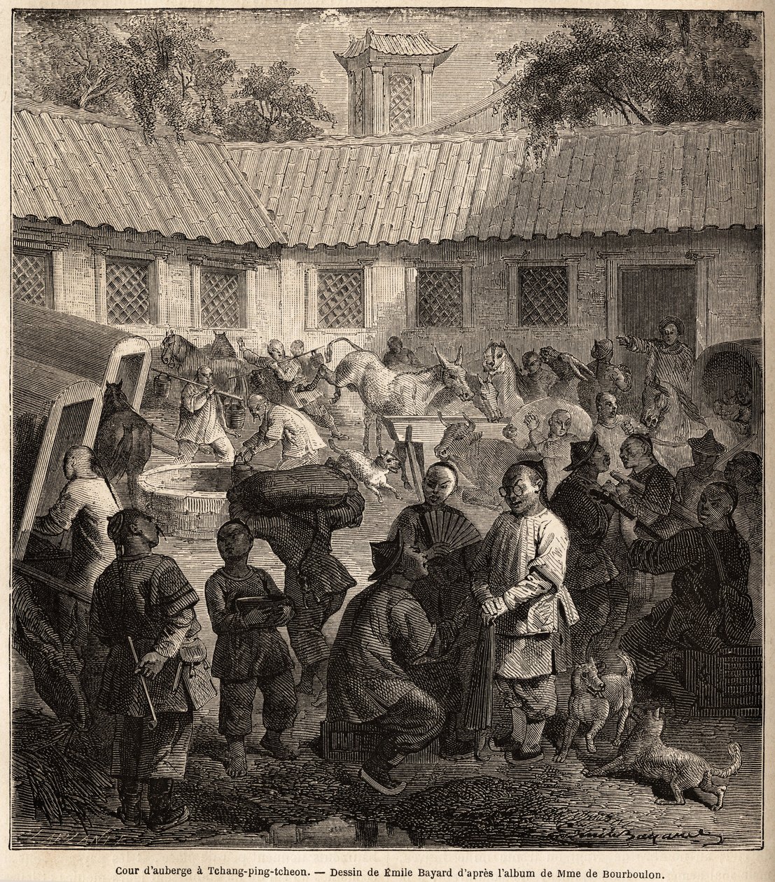 Vandrerhjems gårdsplass i Chiang Ping Cheou. Tegning av Emile Bayard (1837-1891), for å illustrere reisen fra Shanghai til Moskva, fra 1859 til 1862, av M. de Bourboulon, Frankrikes minister til Kina. Gravering i "" Le tour du monde"", redigert av Edouard  av Emile Antoine Bayard