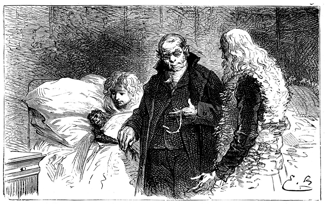 Illustrasjon av Emile Bayard for Hector Malots roman "" Sans Famille "": Joli-Coeur (pent hjerte), den syke forskerapen blir undersøkt av en lege (auskult av en lege som tar kyllingen fra ham) i nærvær av Remi og Monsieur Vitalis - Hetze av Emile Antoine Bayard