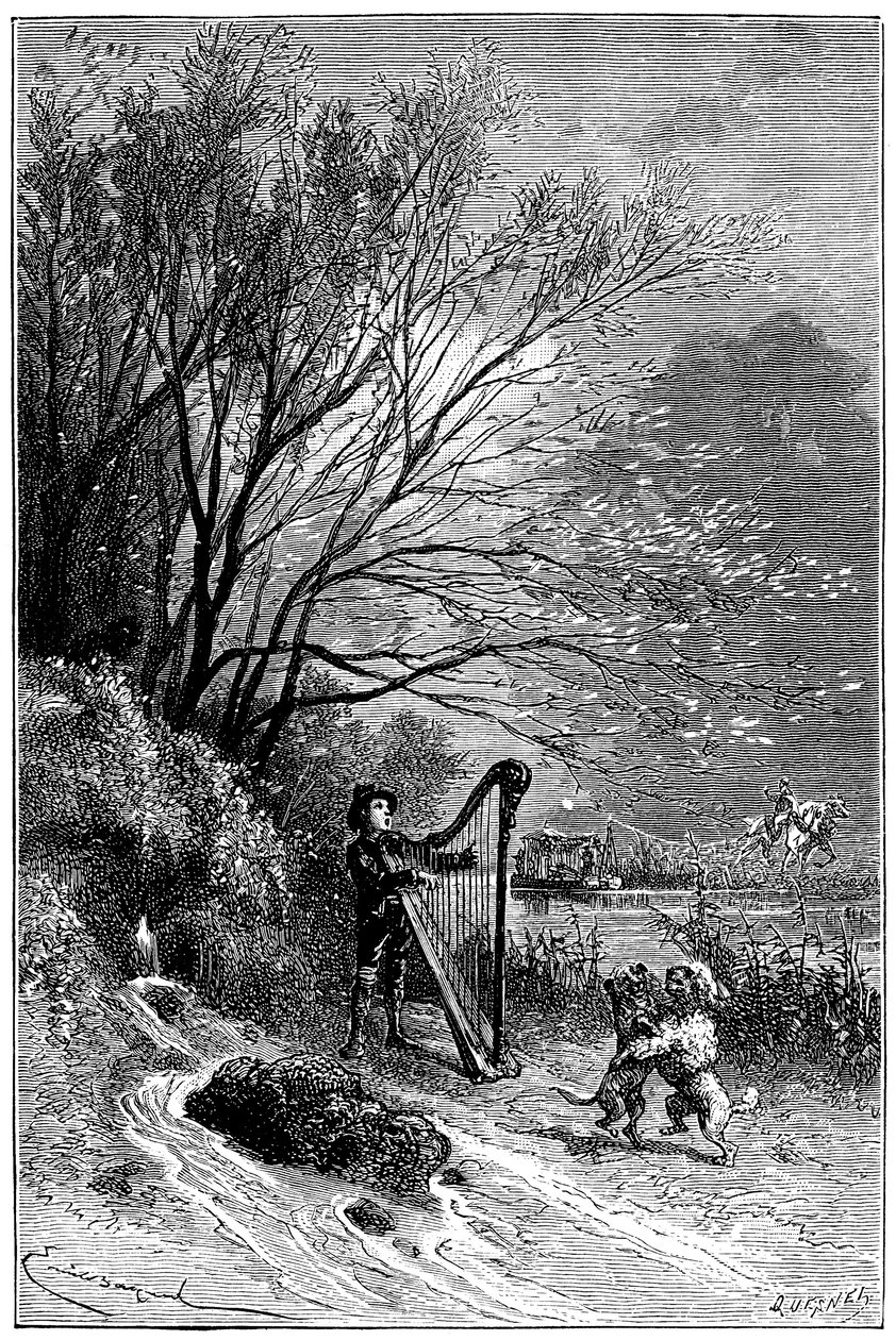 Illustrasjon av Emile Bayard for Hector Malots roman "" Sans Famille ": Remi synger med harpen mens vennene hans danser, de lærde dyrene til troppen til Monsieur Vitalis, omreisende artist - de to hundene Capi og Dolce - gatemusiker, saltibank av Emile Antoine Bayard