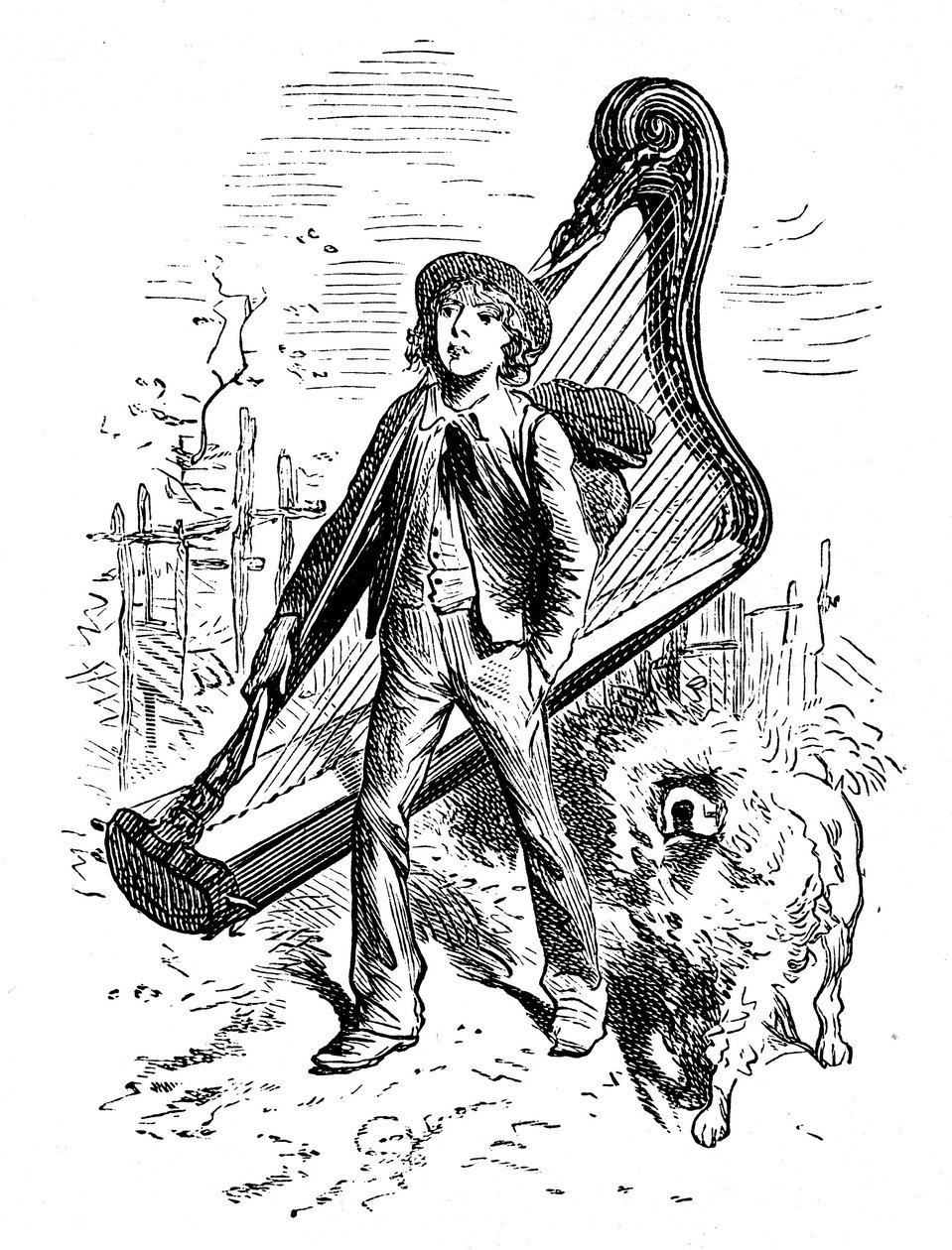Illustrasjon av Emile Bayard for Hector Malots roman "" Sans Famille ": Remi med sin venn hunden Capi og harpen hans - Edition Hetzel 1880 - av Emile Antoine Bayard