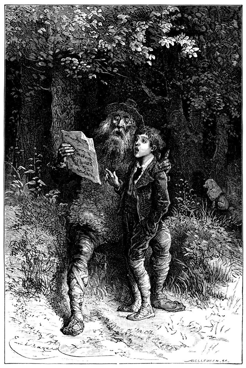 Illustrasjon av Emile Bayard for romanen av Hector Malot “” Sans Famille “”: Remi synger med Monsieur Vitalis, omreisende artist - gatemusiker, saltimbank - Edition Hetzel 1880 - av Emile Antoine Bayard