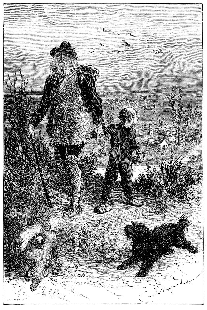 Illustrasjon av Emile Bayard for romanen av Hector Malot “” Without Family “”: Remi drar sammen med Monsieur Vitalis, reisende kunstner og hans lærde dyr de tre hundene Capi, Zerbino og Dolce - Edition Hetzel 1880 - av Emile Antoine Bayard