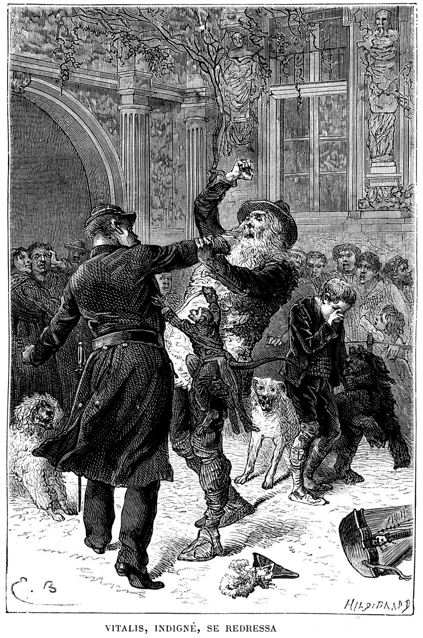 Illustrasjon av Emile Bayard for Hector Malots roman "" Sans Famille ": i Toulouse blir Monsieur Vitalis, uverdig, arrestert av en politimann foran Remi og vennene hans, de lærde dyrene i troppen: Joli-Coeur (pent hjerte ), apen en av Emile Antoine Bayard