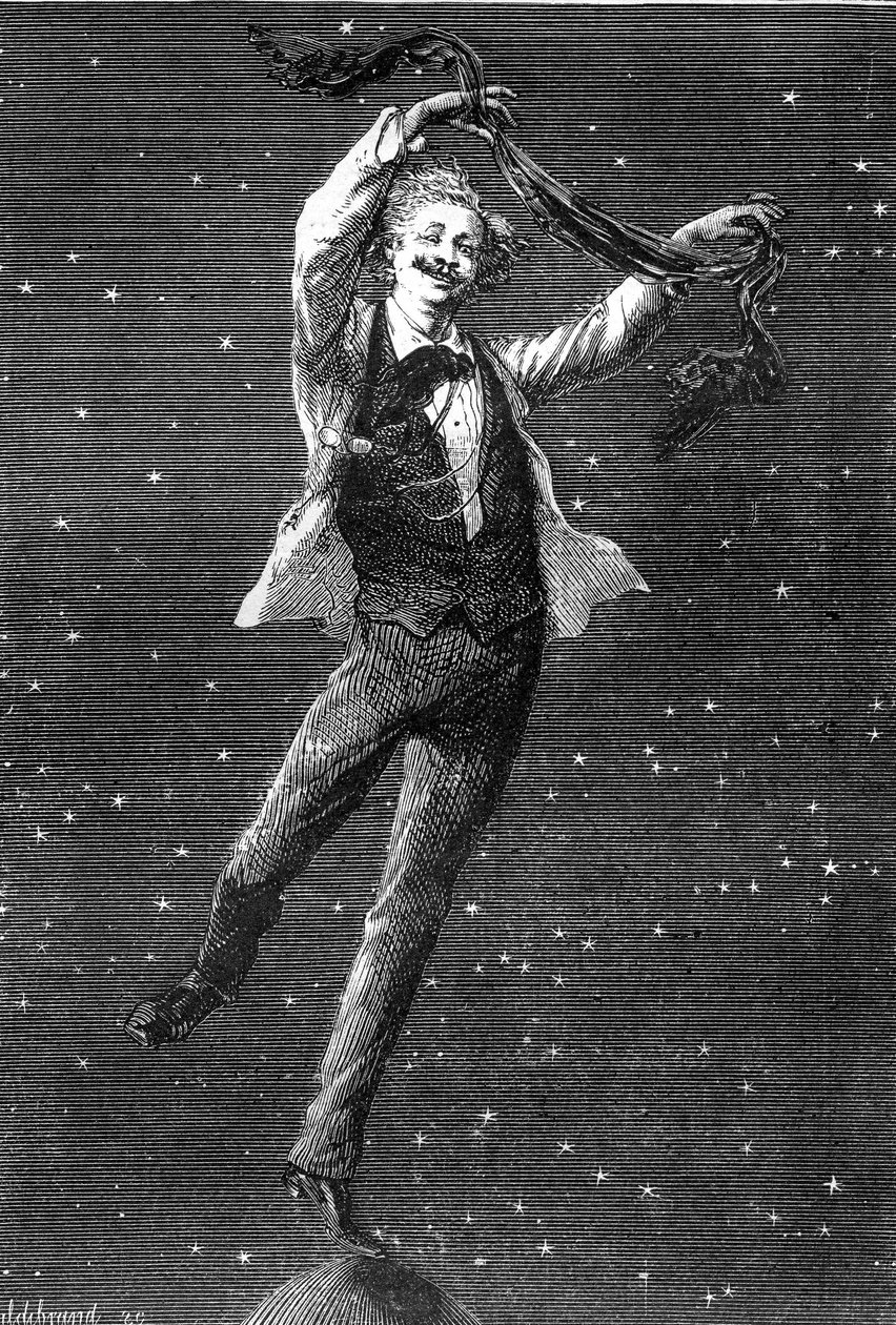 Illustrasjon av Jules Vernes roman «Around the Moon», tegning av Emile Bayard, Hetzel edition/Voyages extraordinaire 1870. Denne illustrasjonen fremhever inspirasjonsforholdet mellom de to romanene «lunar»» av Jules Verne og de to albumene av T. av Emile Antoine Bayard