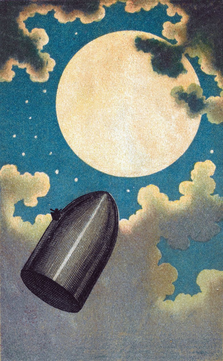 Illustrasjon pour De la Terre a la Lune de Jules Verne - Illustrasjon til ""Fra jorden til månen"" av Jules Verne - Emile-Antoine Bayard (1837-1891). Fargelitografi av Emile Antoine Bayard