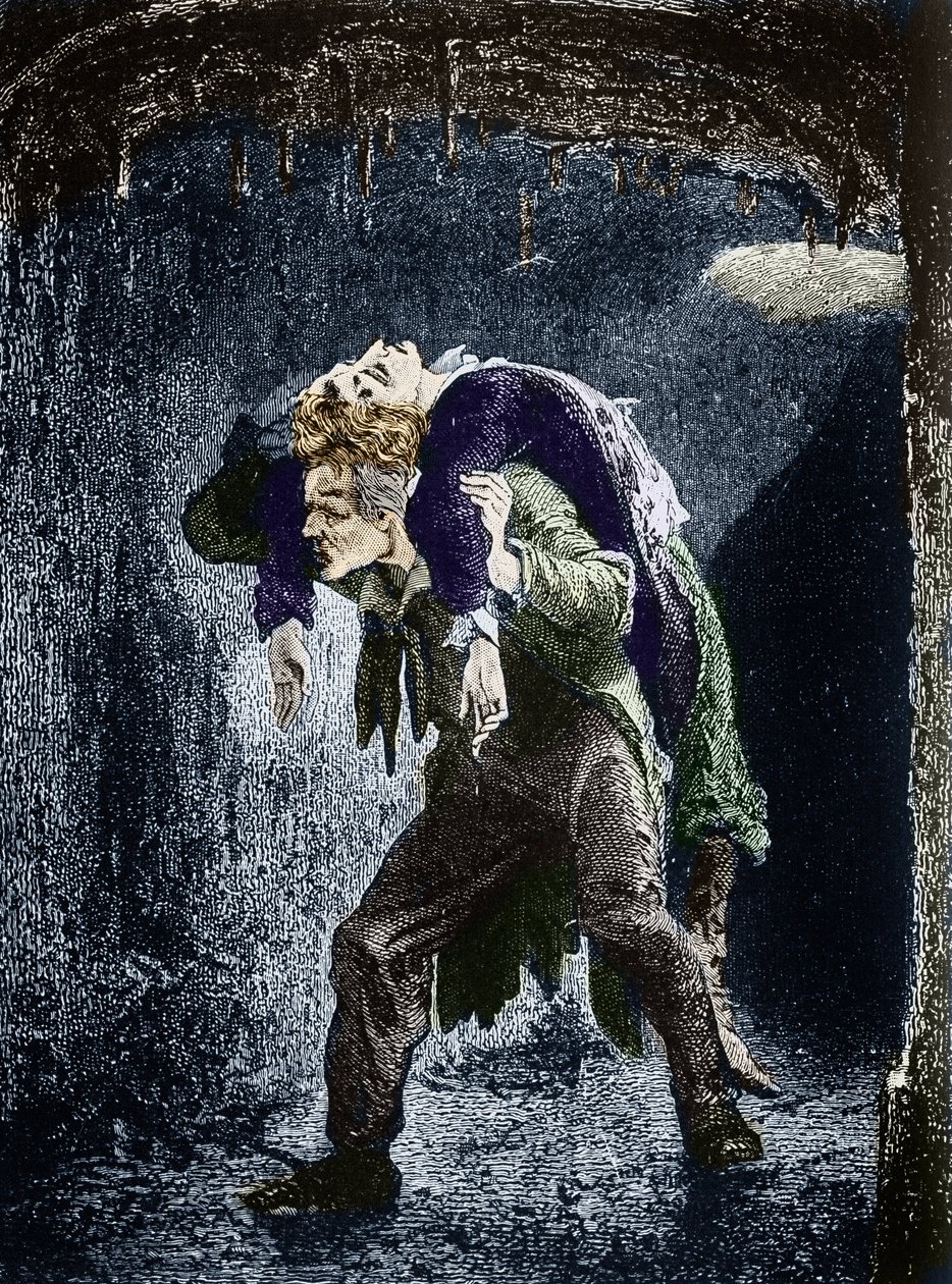Jean Valjean, Marius såret på ryggen, på flukt i vannet i Paris Illustrasjon av romanen «Les Miserables»» av Victor Hugo (1802-1885) Illustrasjon av Emile Bayard - (Jean Valjean tar med Marius på ryggen, gjennom kloakken til Paris) Gravering Pr av Emile Antoine Bayard