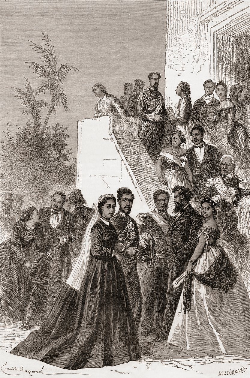 Kamehameha V, sentrum, med sin familie, illustrasjon fra 