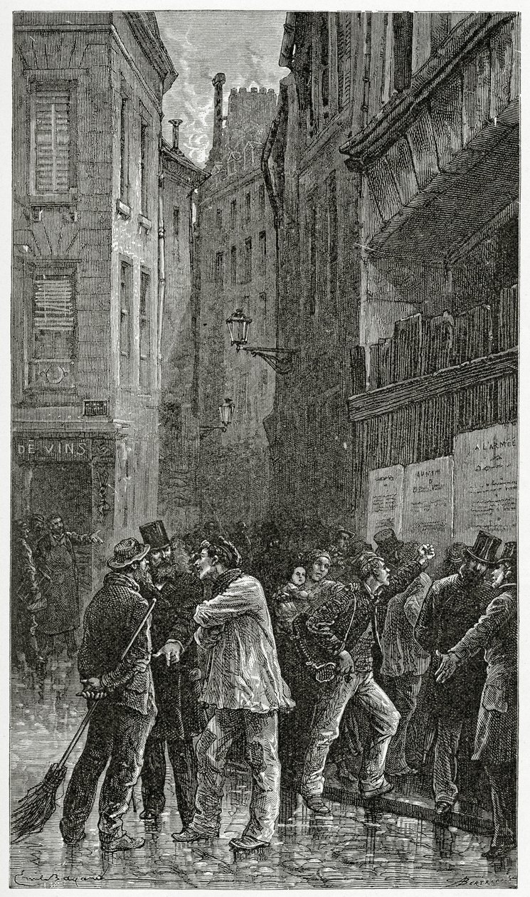 Les Affiches - illustrasjon fra A Crime Story, 1800-tallet (bw-gravering) av Emile Antoine Bayard