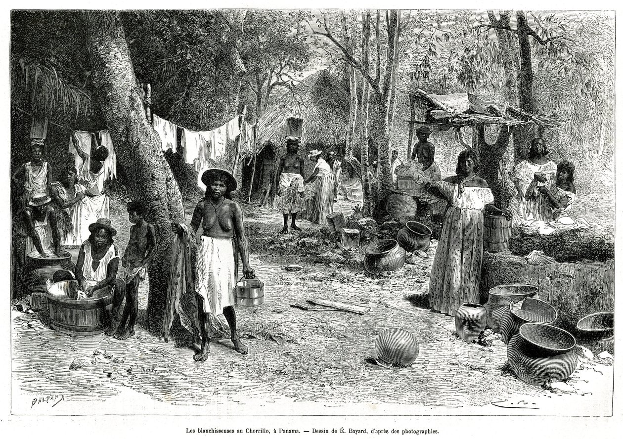 Les blanchisseuses au Chorillo, Panama, gravering etter en tegning av E.Bayard, for å illustrere historien Exploration at the isthms of Panama and Darien, av A. Reclus, skipsløytnant, fra 1876 til 1878, publisert i tour du monde, under ledelse av Emile Antoine Bayard