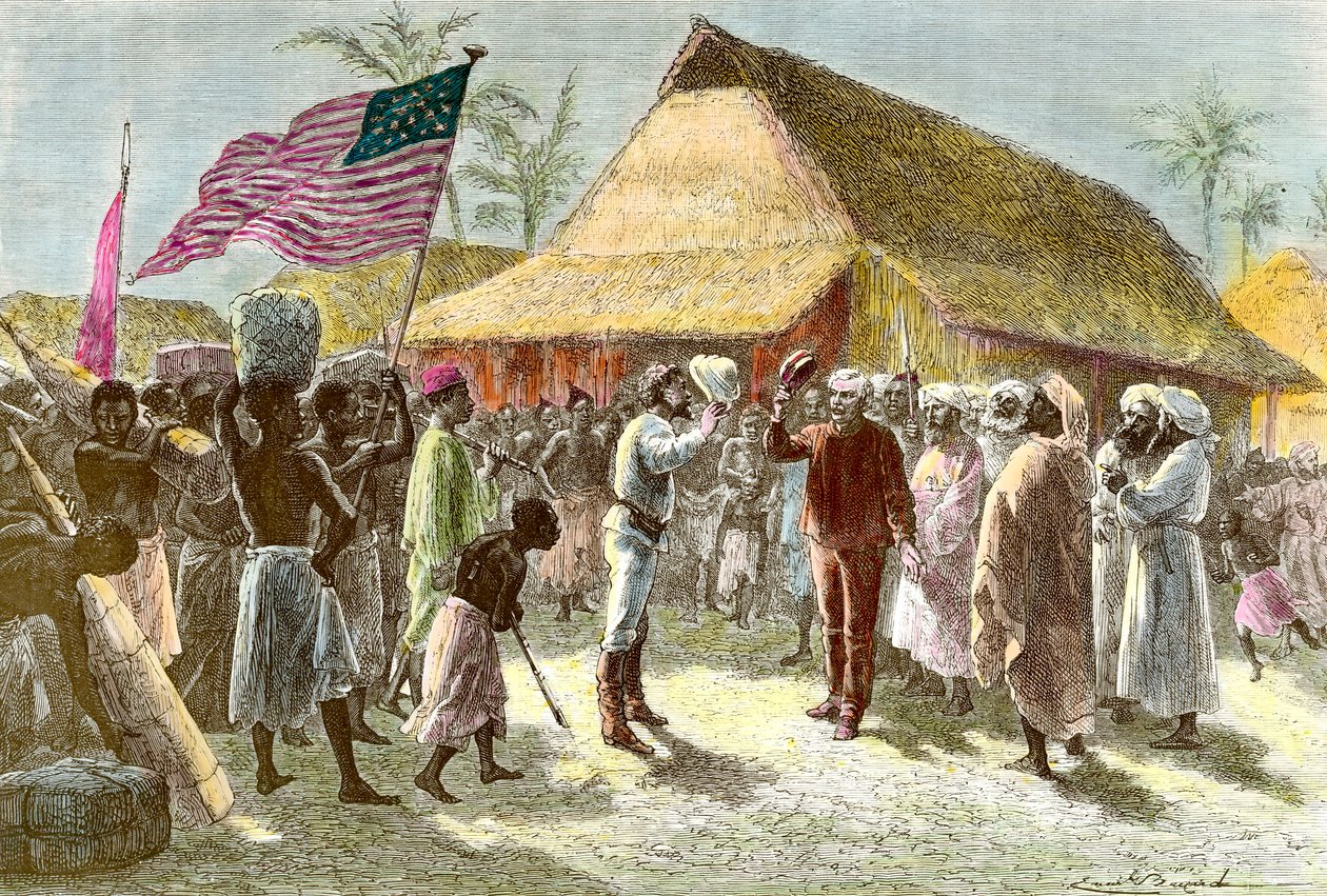 Møte i Ujiji ved bredden av Tanganyikasjøen mellom Henry Morton, en eksploder og journalist fra Wales (1841-1904) og David Livingstone, en skotsk misjonærfarer på det afrikanske kontinentet (1813-1873), 10. november av Emile Antoine Bayard