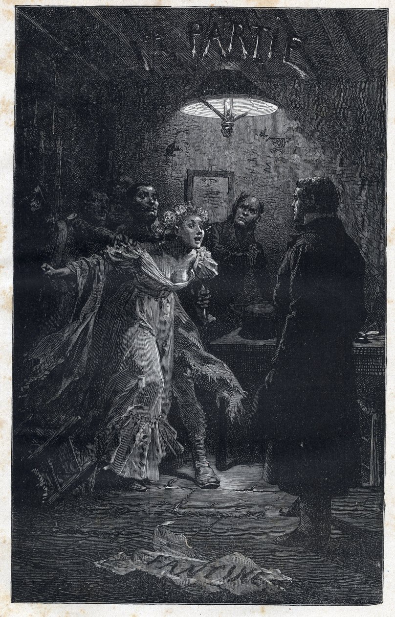 Monsieur Madeleine kommer Fantine til unnsetning da han ble arrestert av Javert - Illustrasjon av Emile Bayard (1837-1891) for "" Les miserables - Premiere partie: Fantine" av Victor Hugo (1802-1885) 1862 av Emile Antoine Bayard