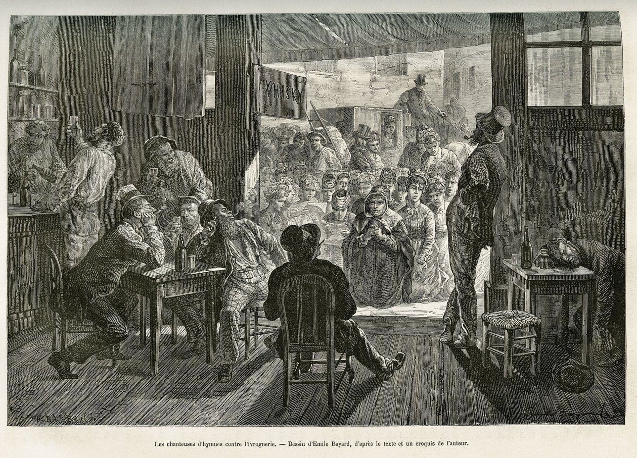 Mor Careys drukkenskapssalmesangere samlet seg ved inngangen til en whiskybar i Ohio for å bekjempe alkoholismens oppblomstring. Emile Bayards tegning for å illustrere historien La conquete blanche, av William Hepworth Dixon, i 1875, publisert i "Le tour d av Emile Antoine Bayard