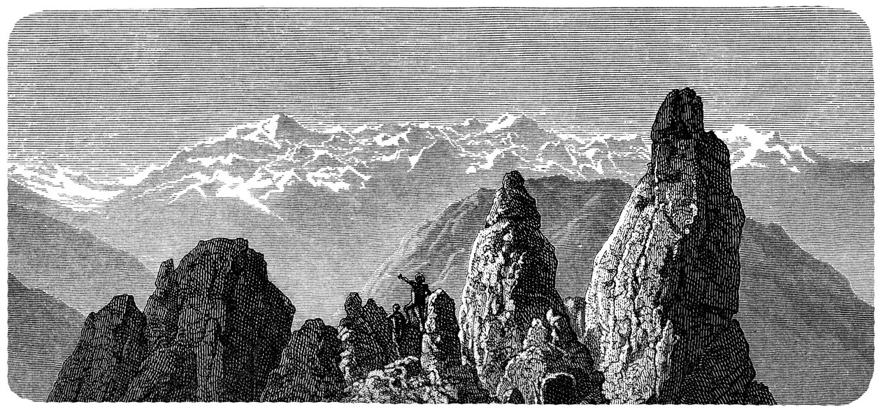 Fjelltopp kalt Pierre a Voir nær badene i Saxon i Valais, sveitsiske alper. Illustrasjon av Emile Bayard for Albert Dupaignes bok «Les Montagnes», utgave Mame 1881. av Emile Antoine Bayard