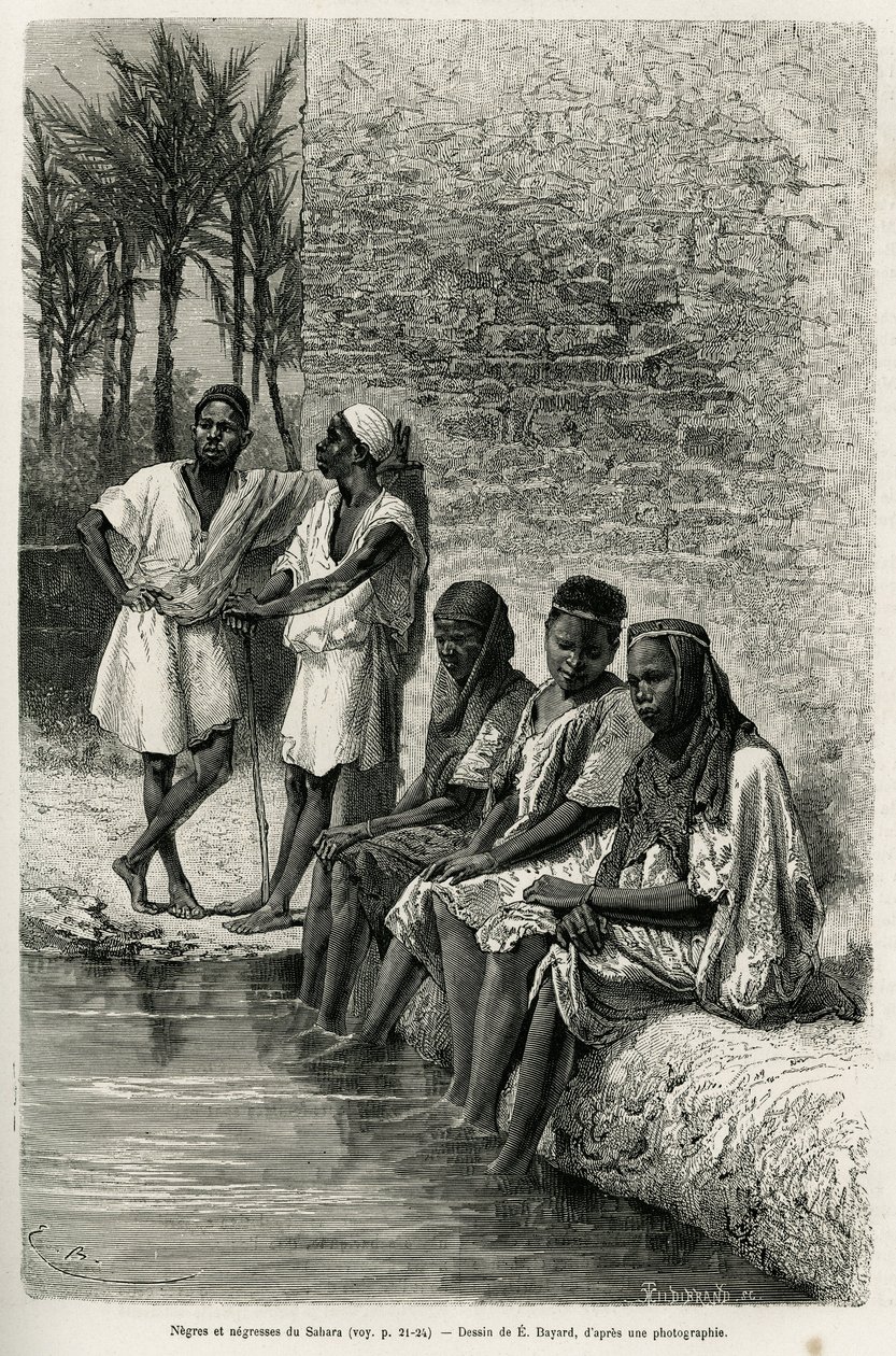 Negrer og negrer i Sahara, ved bredden av Oued Rihr. Gravering av E.Bayard, for å illustrere den algeriske Sahara, av V.Largeau, i 1874-1878, publisert i Tour du monde, under ledelse av Edouard Charton (1807-1890) av Emile Antoine Bayard