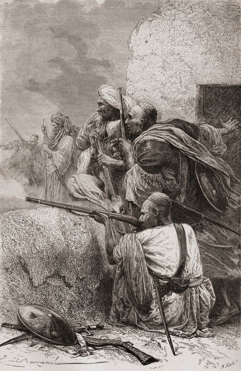 Nord-afghanske opprørere som kjemper mot britene i fjellene i Hazara, Pakistan, under britisk styre, 1878 av Emile Antoine Bayard