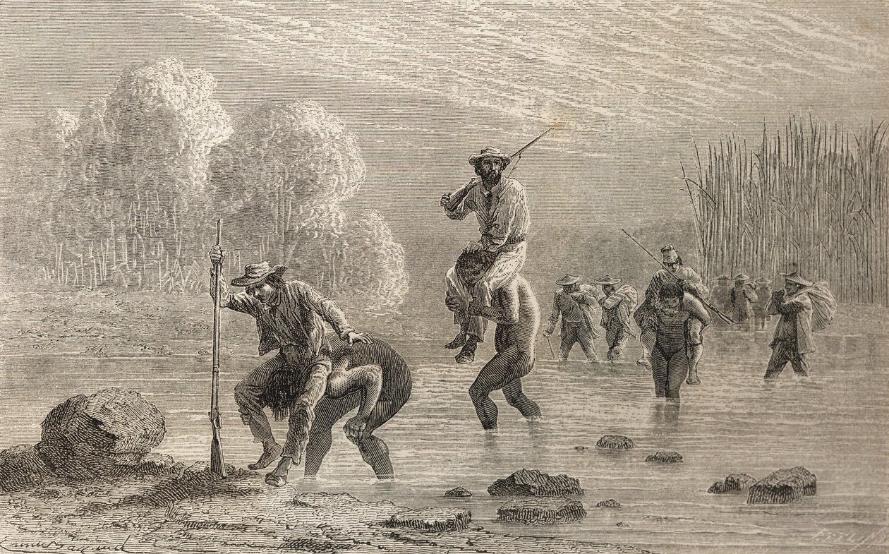 Paul Marcoy og hans ekspedisjon ble båret over en sump i Argentina av Chuncho-indianere i 1874, illustrasjon fra 
