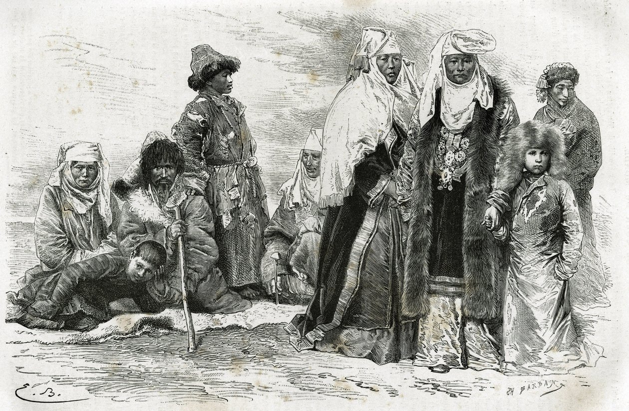 Fattige og rike kirgisiske kvinner. Gravering av Emile Bayard, for å illustrere reiseinntrykk fra Orenburg til Samarkand, av Marie de Ujfalvy-Bourdon, mellom 1876 og 1878, i Tour du monde, regissert av Edouard Charton av Emile Antoine Bayard
