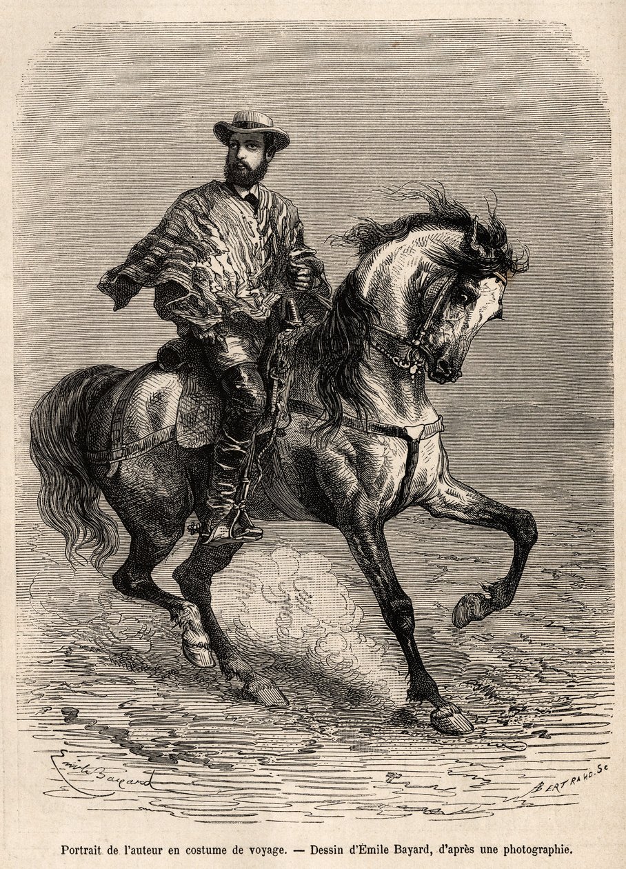 Portrett av forfatteren, på fjellet sitt, iført reisedrakten, gravert etter en tegning av Emile Bayard som illustrerer historien om ørkenen Acatama og Caracoles (Sør-Amerika), av ingeniør A.Bresson, i 1870-1874, publisert i " ”Le tour du monde av Emile Antoine Bayard