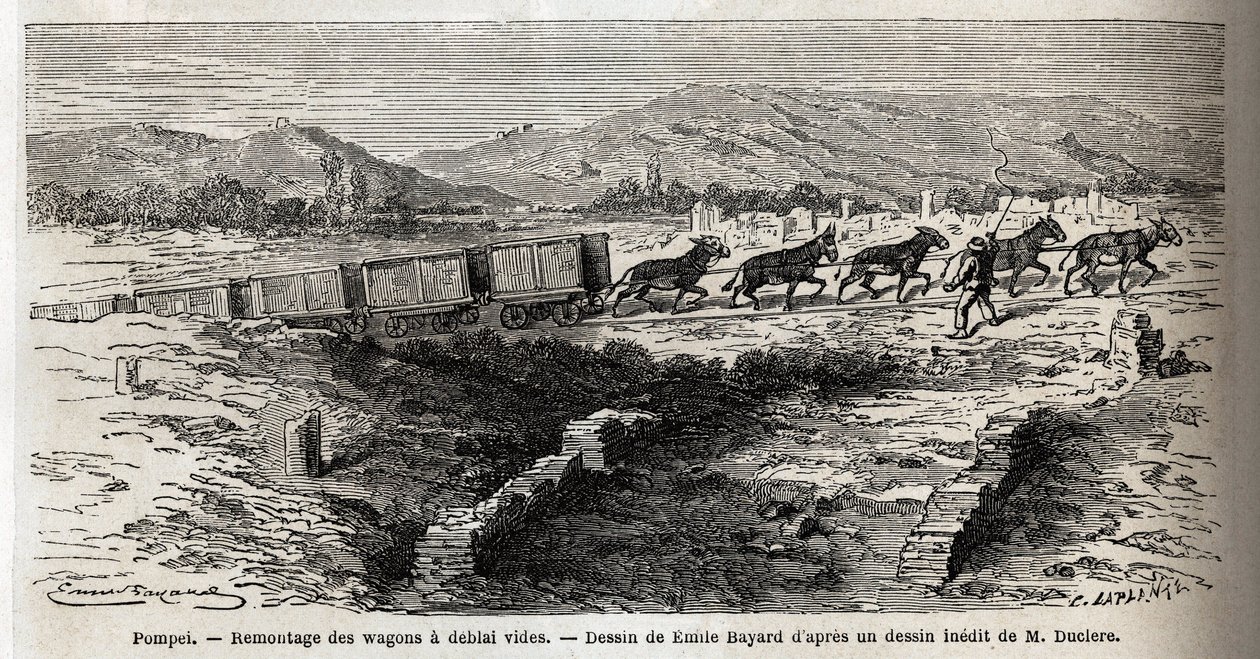Gjenmontering av tomme vogner under utgravningene i 1864 ved Pompei, tegning av Emile Bayard (1837-1891), for å illustrere Marc Monniers tekst (1829-1885) "" Pompei og Pompeierne"". Gravering i "" Le tour du monde"", redigert av Edouard Charton av Emile Antoine Bayard