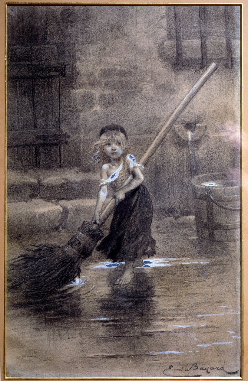 Representasjon av Cosette, feiende barbeint. Illustrasjon for «The Miserables» av Victor Hugo (1802-1885) av Emile Bayard (1837-1891) 1800-tallet. Paris, Maison Victor Hugo av Emile Antoine Bayard