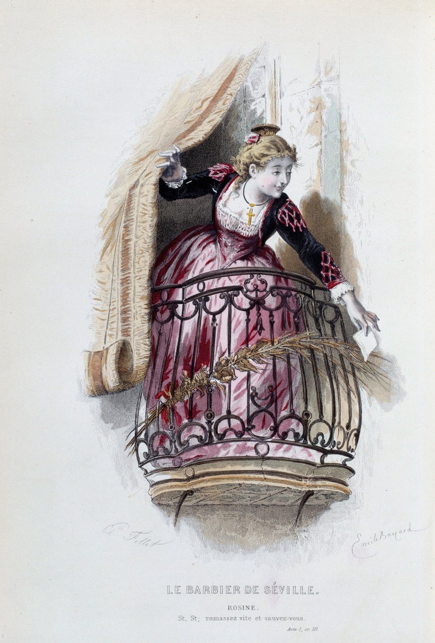 Rosine i "Barberen i Sevilla" av Pierre Augustin Caron de Beaumarchais (1732-1799), tegninger av Emile Bayard (1837-1891) av Emile Antoine Bayard