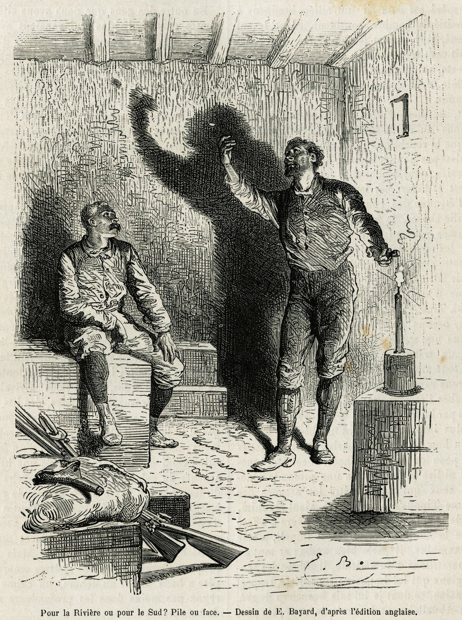 Sir Henri Morton Stanley (1841-1904) og Franck Pock, hans utforskningskamerat, bestemte seg for en haug eller ansikt av reiseruten deres, tegnet av Emile Bayard, for å illustrere historien "Gjennom det mystiske kontinentet" (Ekvatorial-Afrika), en reise c av Emile Antoine Bayard