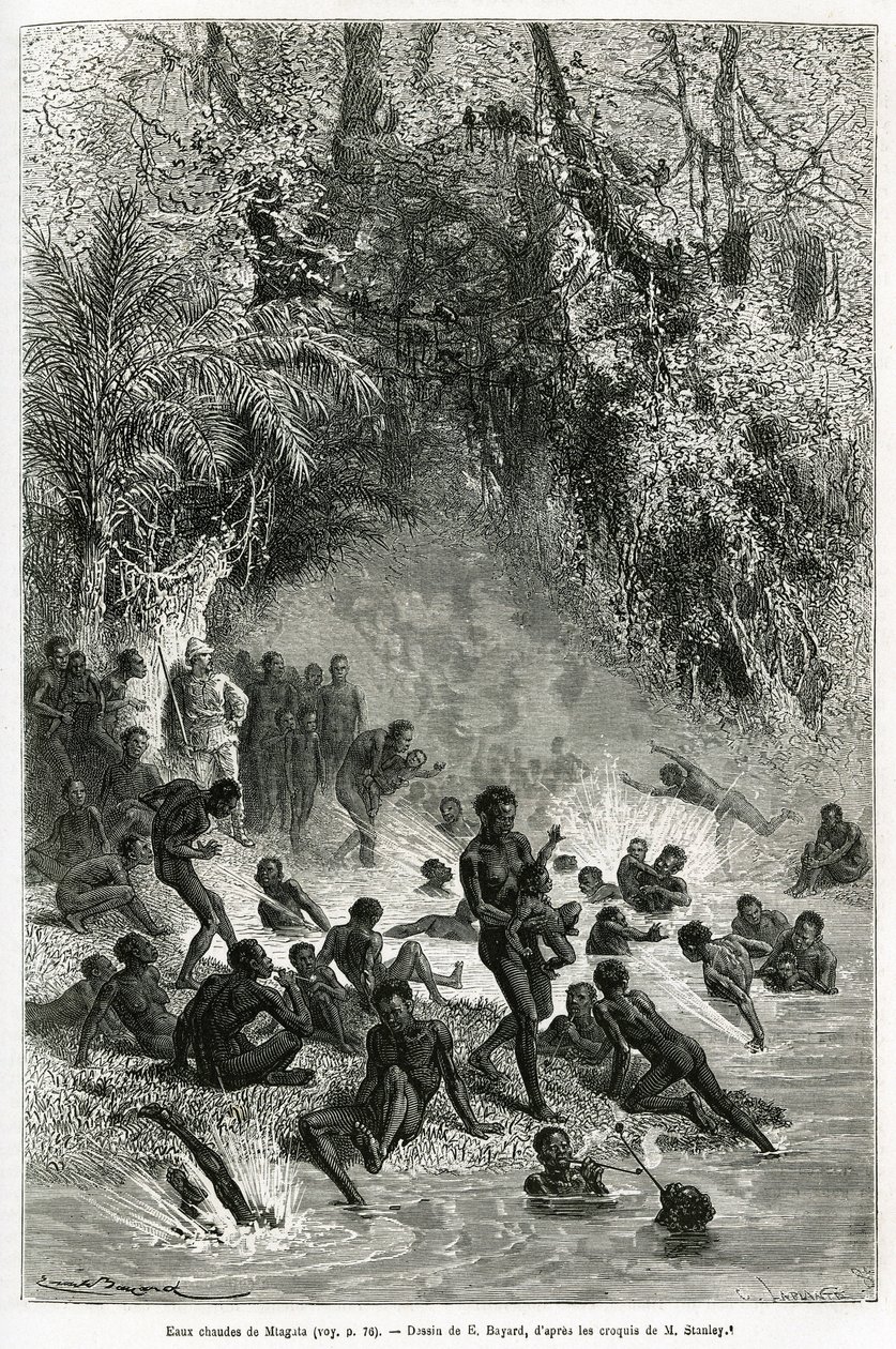 Sir Henri Morton Stanley (1841-1904) midt blant badegjestene i Karagoue-regionen (Kamerun), som stuper ned i det varme og medisinske vannbassenget i Mtagata-juvet, tegnet av Emile Bayard, for å illustrere historien «Gjennom det mystiske Kontinentet", a av Emile Antoine Bayard