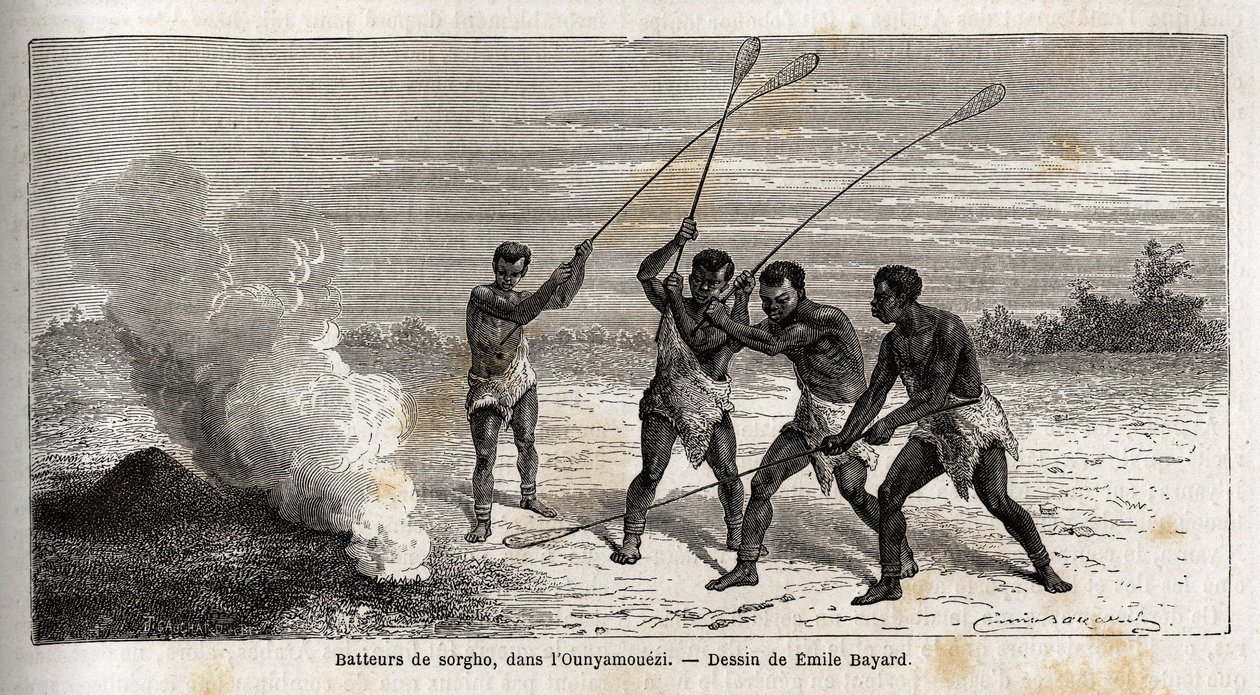 Sorghum-trommeslagere, i ounyamoezi (regionen ved de store innsjøer, Afrika), tegning av Emile Bayard (1837-1891), som illustrerer kaptein Spekes oppdagelsesreise i Afrika fra 1860 til 1863. Gravering i “” Le tour du monde””, redigert av Edouard Charton av Emile Antoine Bayard
