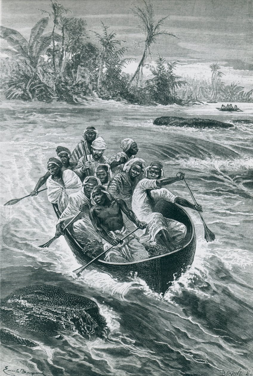 Stanley overvinner strykene ved Kongo-elven, tegnet av Emile Bayard av Emile Antoine Bayard