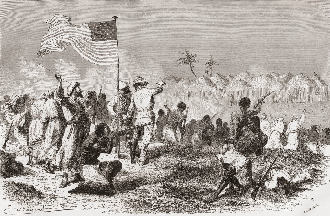 Stanleys angrep på Zimbizo under hans ekspedisjon i 1871, illustrasjon fra 