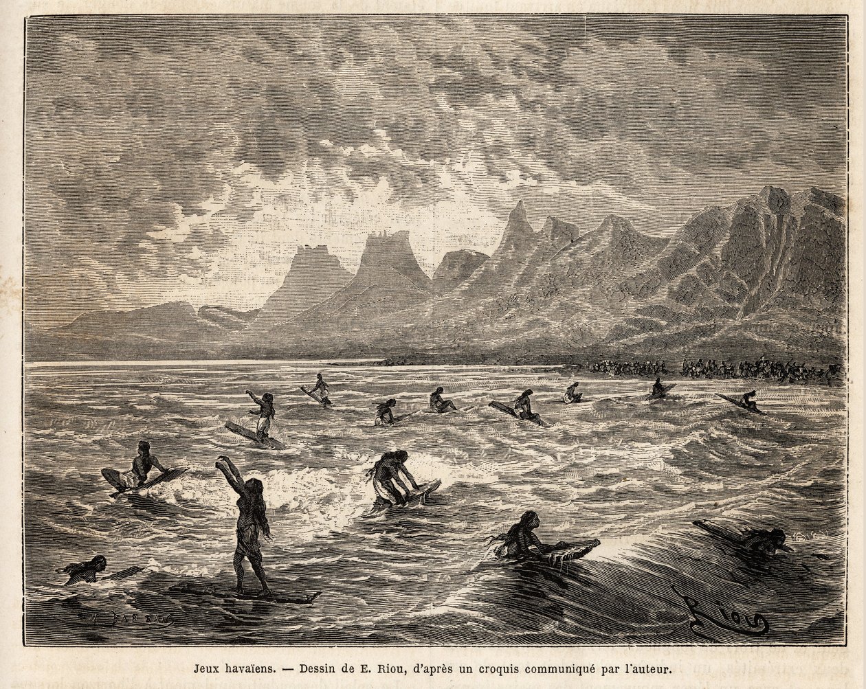 Surfing, praktiseringen av hawaiisk favorittspill, her av kvinner, i balanse, stående eller sittende, på brettet, på bølgene på Kreta, som bringer dem tilbake til stranden, gravering etter Emile Bayards tegning, illustrerer reisen til Sandwich Øyer av Emile Antoine Bayard
