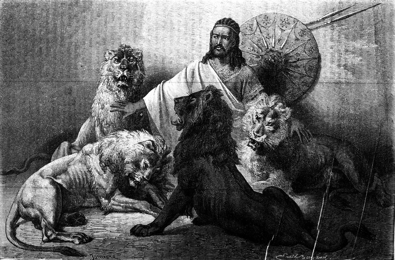 Keiseren (ras) Theodoros av Abyssinia omgitt av løvene sine. gravering fra halvdelen av 1800-tallet. Illustrasjon av Emile Bayard. av Emile Antoine Bayard