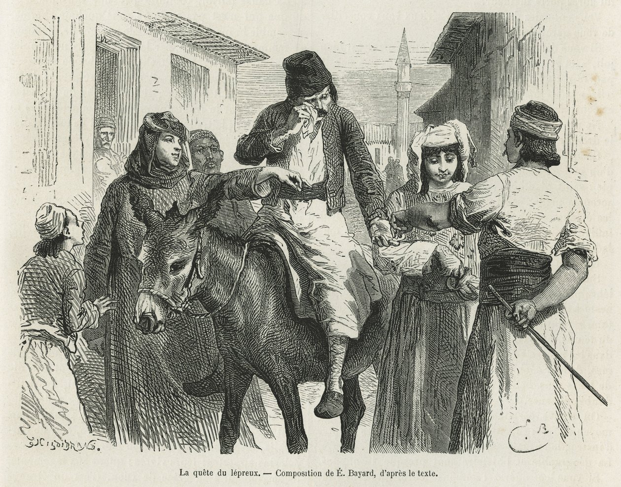 The Leproux Quest in Chio, tegning av Emile Bayard, for å illustrere historien «Øya Chio» (Østlige Tyrkia), i 1877, av Dr. A.Testevuide. Gravering i Le tour du monde av Emile Antoine Bayard